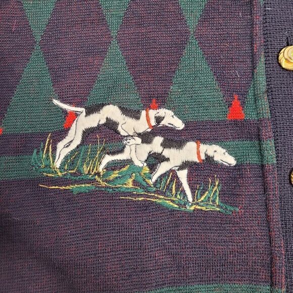 VINTAGE 80s cardigan embroidered dogs equestrian wool button up sweater M - Picture 3 of 10